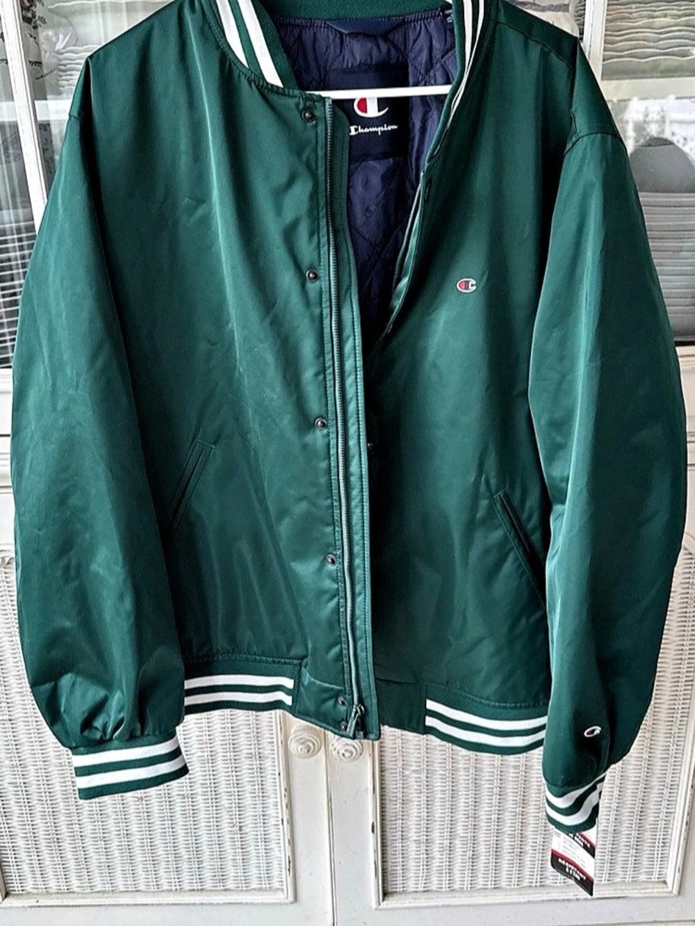 NWT Champion Varsity Satin Lettermen Jacket Forest Green White Striped Large